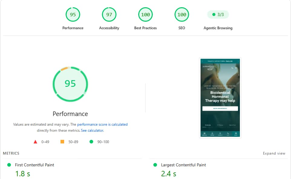 PageSpeed Insights report for the rebuild, mobile, performance 95