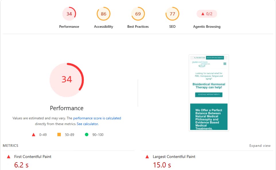 PageSpeed Insights report for old wordpress site, mobile, performance 34
