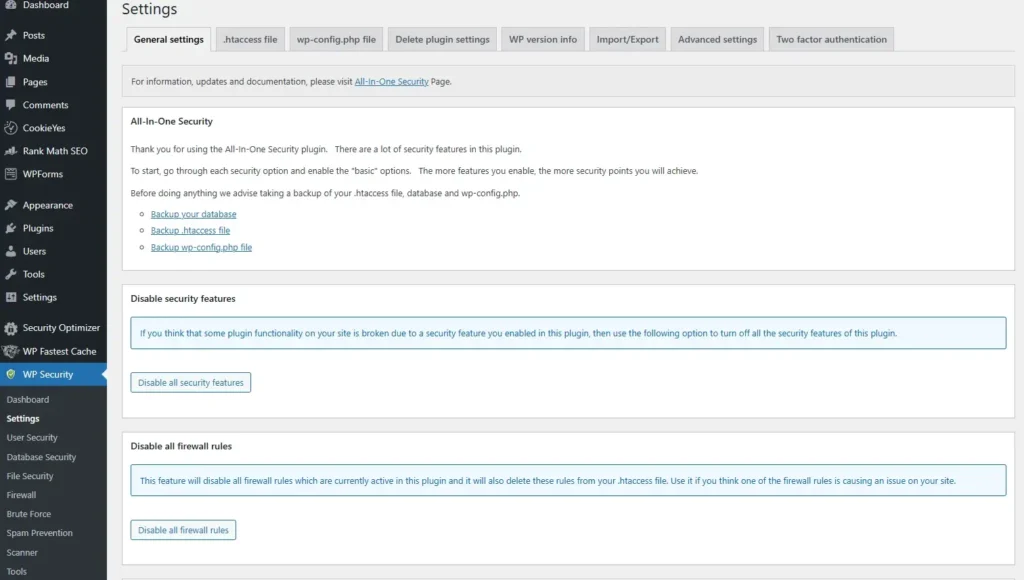 all in one security wordpress plugin settings