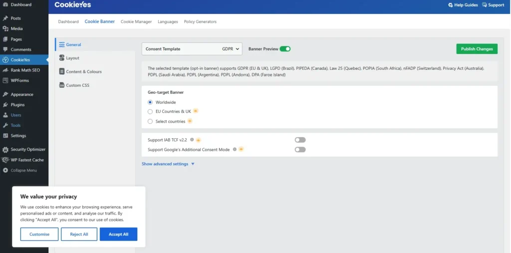 cookiesyes wordpress plugin dashboard