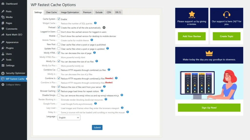 wp fastest cache plugin options